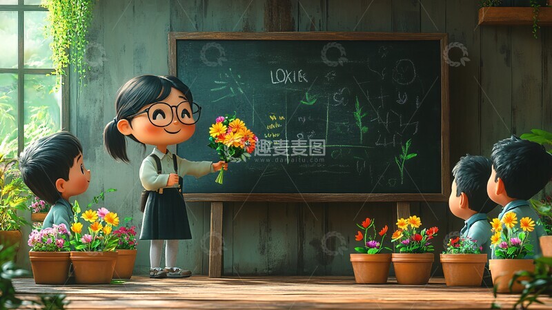 高清大图下载【趣麦麦图】老师送花给学生