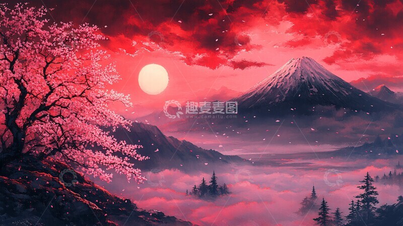 高清大图下载【趣麦麦图】富士樱花图富士樱花红色
