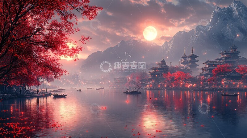 高清大图下载【趣麦麦图】古寺月夜山水图2