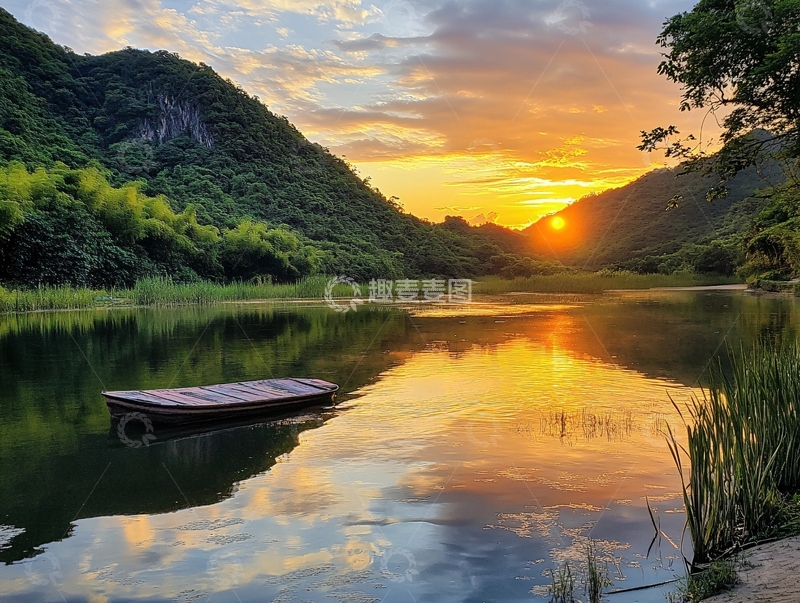 高清大图下载【趣麦麦图】斜阳木舟