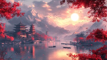 古寺月夜山水图