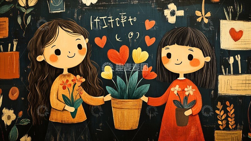 高清大图下载【趣麦麦图】小女孩送花给老师