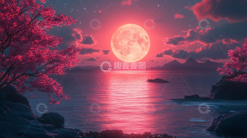 高清大图下载【趣麦麦图】樱花月夜海樱花月夜科幻1