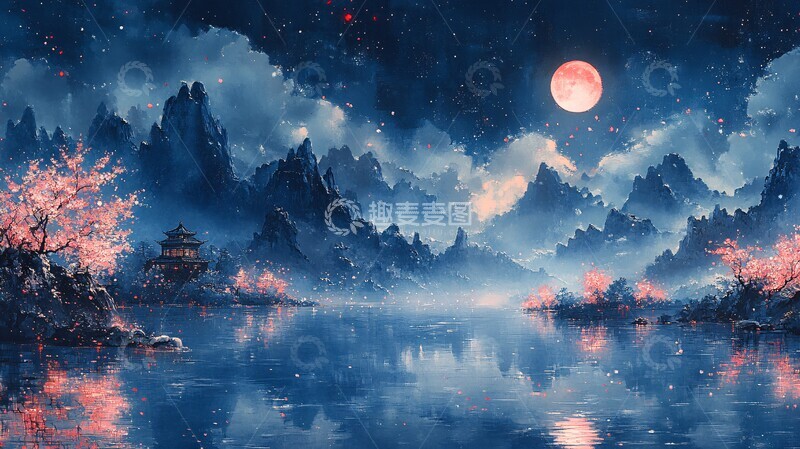 高清大图下载【趣麦麦图】樱花夜色图樱花夜色蓝色2