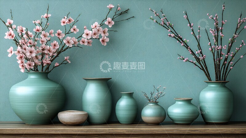 高清大图下载【趣麦麦图】竹韵桃香绿色蓝色白色