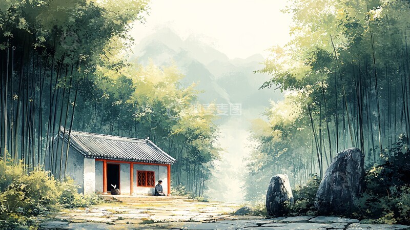 高清大图下载【趣麦麦图】竹林隐居图竹林房屋隐居1