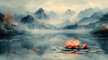 荷叶桃花鱼戏图