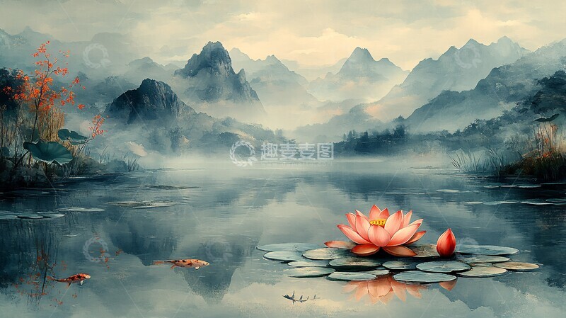 高清大图下载【趣麦麦图】荷叶桃花鱼戏图