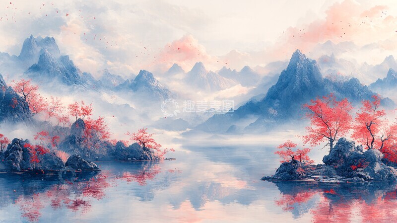 高清大图下载【趣麦麦图】山水红蓝交替图1