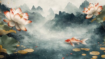 荷叶桃花鱼戏图3