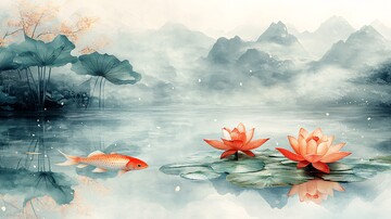 荷叶桃花鱼戏图2