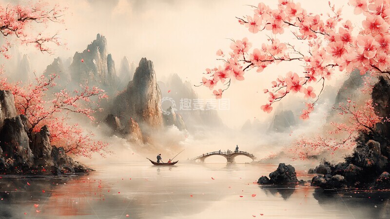 高清大图下载【趣麦麦图】桃花流水图桃花流水渔夫3