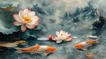 荷叶桃花鱼戏图1