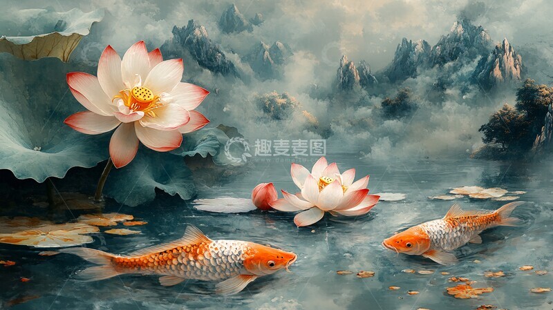 高清大图下载【趣麦麦图】荷叶桃花鱼戏图1