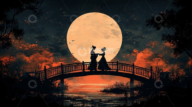 高清大图下载【趣麦麦图】双人舞牛桥剪影2