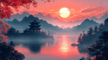 山水日落图山水日落日本1