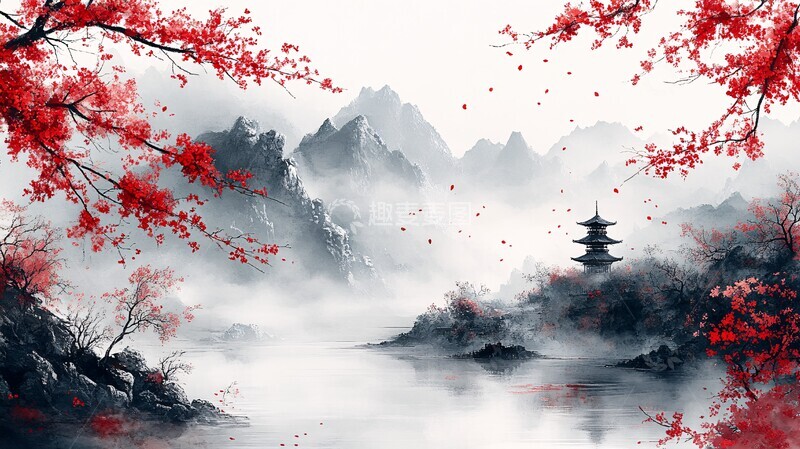 高清大图下载【趣麦麦图】山水樱花山水樱花山脉