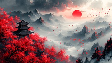 红樱黑日山水图