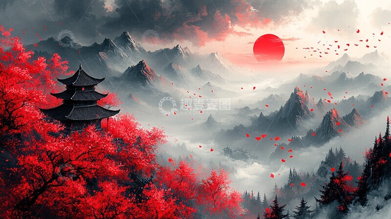 高清大图下载【趣麦麦图】红樱黑日山水图