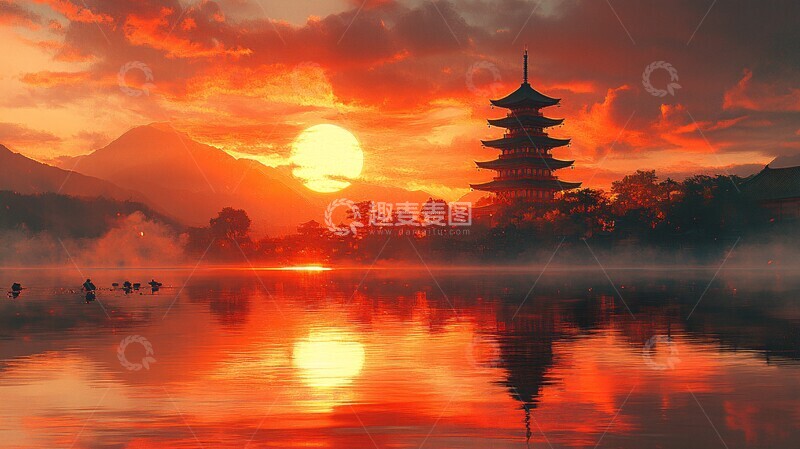 高清大图下载【趣麦麦图】日暮双侠日落庙宇武士