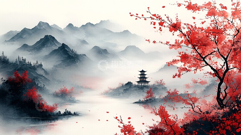 高清大图下载【趣麦麦图】山水樱雾静谧