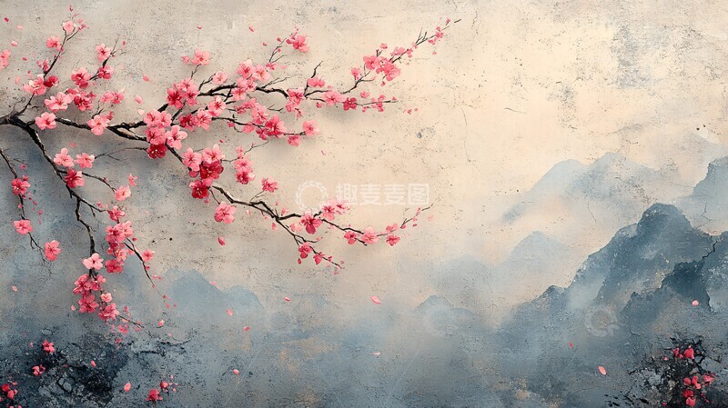高清大图下载【趣麦麦图】樱花水墨简约图3