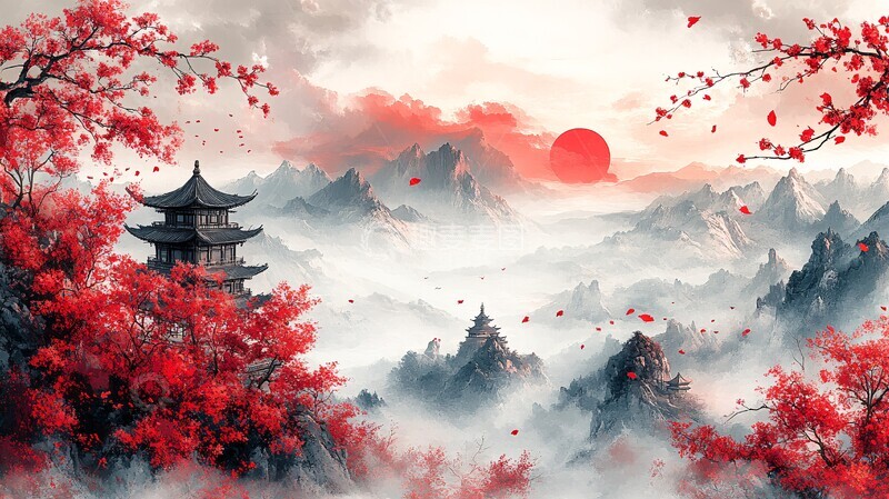 高清大图下载【趣麦麦图】樱花山水图樱花山水远景