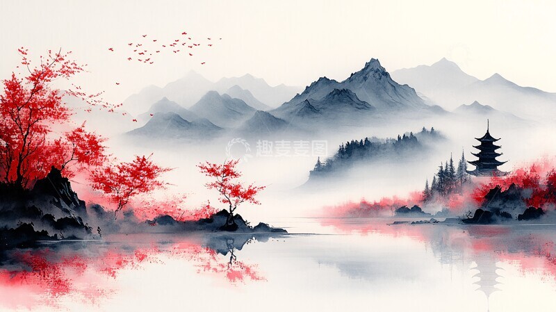 高清大图下载【趣麦麦图】山水樱花明月塔