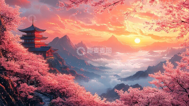 高清大图下载【趣麦麦图】山坡樱花日落景