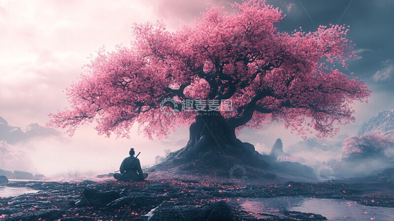 高清大图下载【趣麦麦图】樱花树下武士冥想4