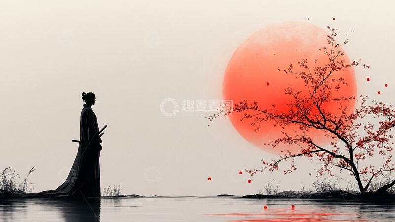 高清大图下载【趣麦麦图】樱花背景下武士静立2