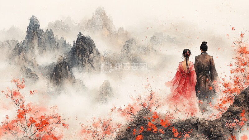 高清大图下载【趣麦麦图】春花山径情侣行1