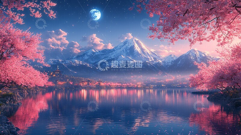 高清大图下载【趣麦麦图】樱花静夜山水1