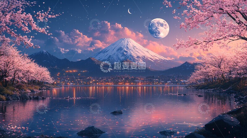 高清大图下载【趣麦麦图】樱花静夜山水3