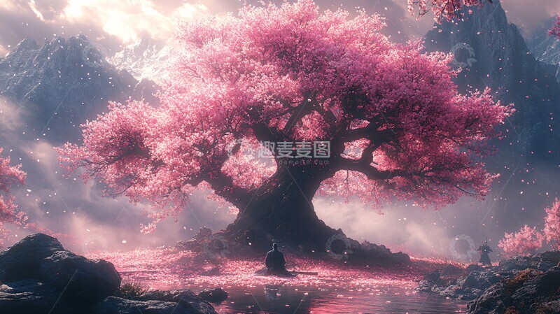 高清大图下载【趣麦麦图】樱花树下武士冥想2