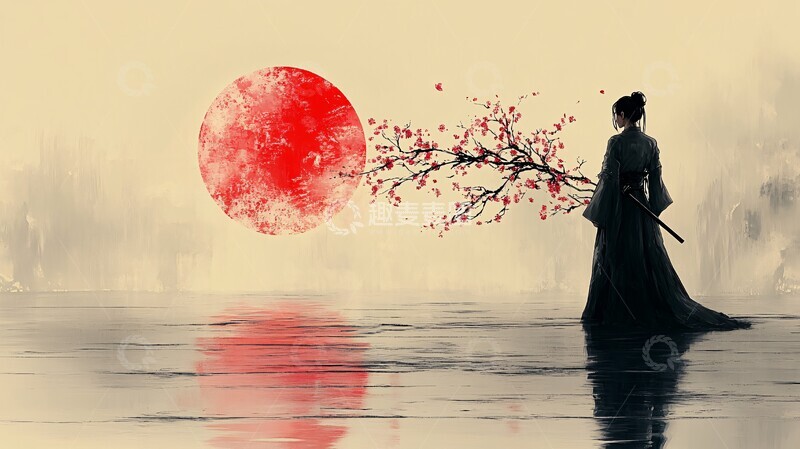 高清大图下载【趣麦麦图】樱花背景下武士静立3