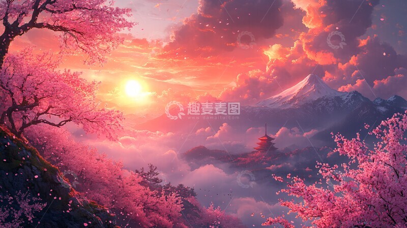 高清大图下载【趣麦麦图】山坡樱花日落景1