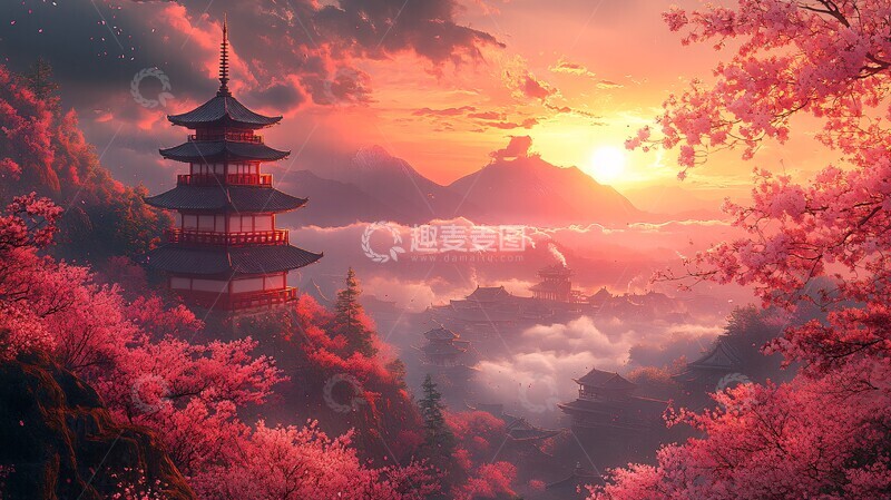 高清大图下载【趣麦麦图】山坡樱花日落景2