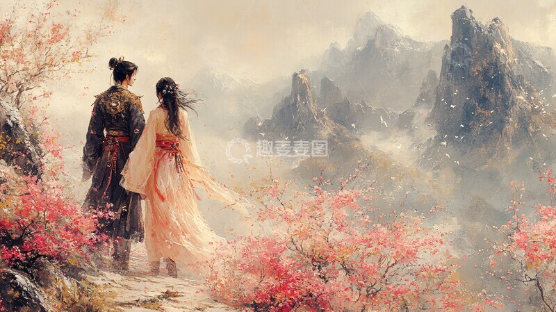 高清大图下载【趣麦麦图】春花山径情侣行