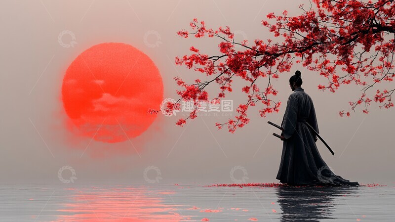 高清大图下载【趣麦麦图】樱花背景下武士静立