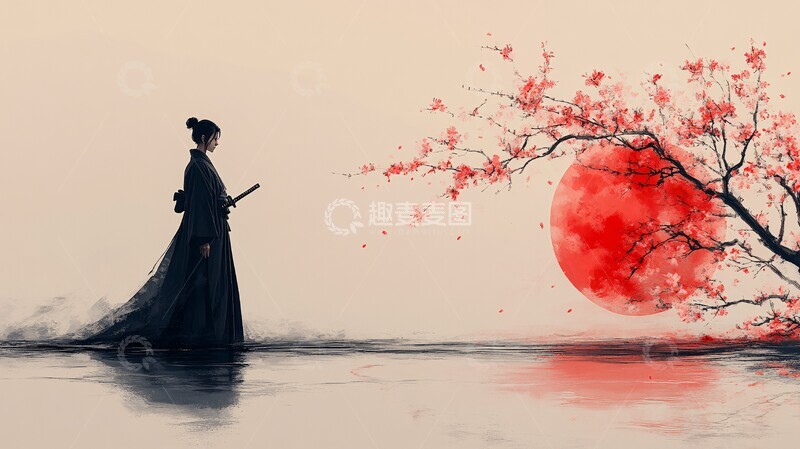 高清大图下载【趣麦麦图】樱花背景下武士静立1