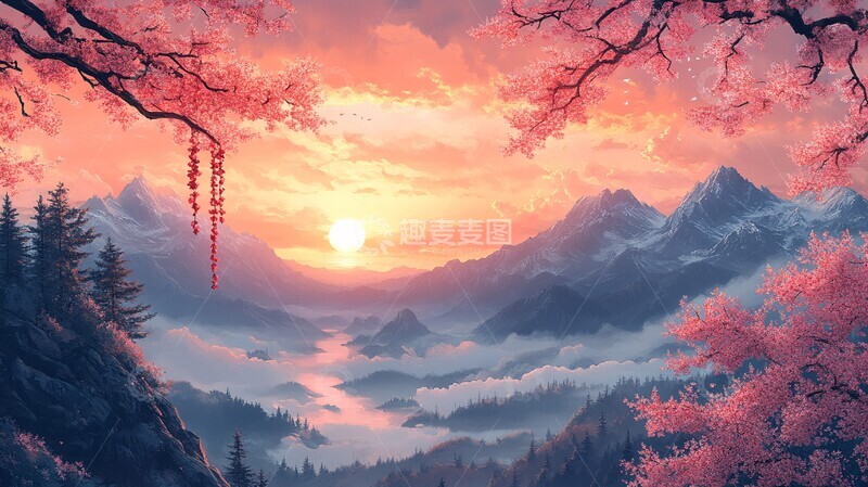 高清大图下载【趣麦麦图】山坡樱花日落景3