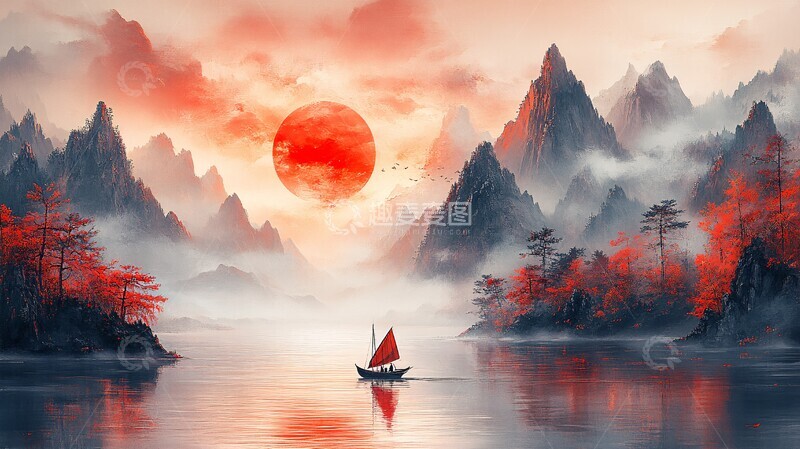 高清大图下载【趣麦麦图】江上小舟红日1
