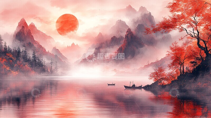 高清大图下载【趣麦麦图】江上小舟红日
