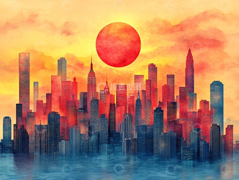 高清大图下载【趣麦麦图】日落城市插画31