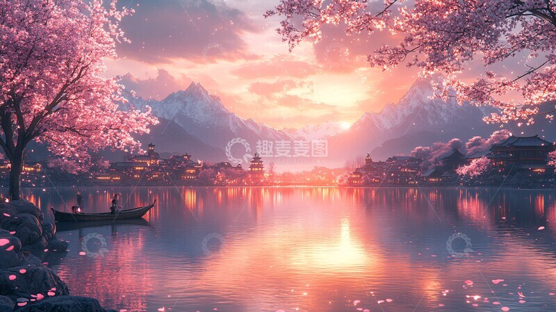 高清大图下载【趣麦麦图】湖畔渔村黄昏景