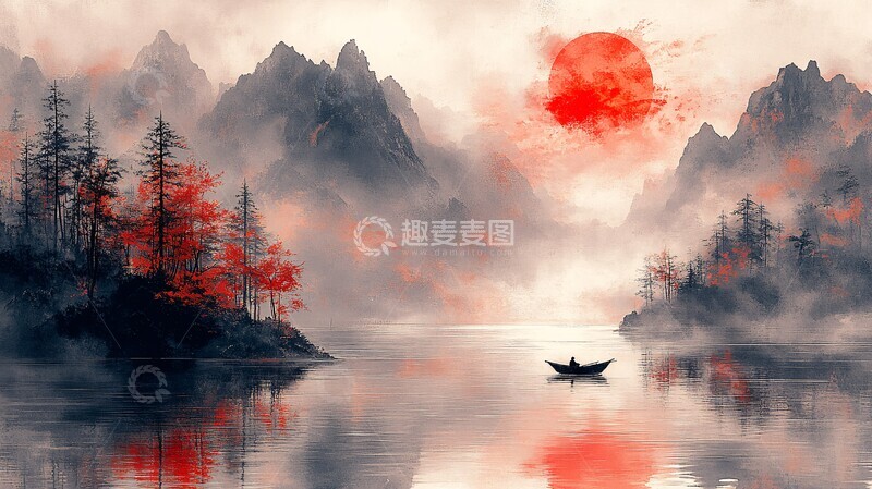 高清大图下载【趣麦麦图】江上小舟红日3