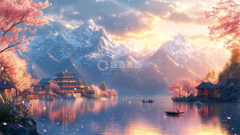 高清大图下载【趣麦麦图】湖畔渔村黄昏景1