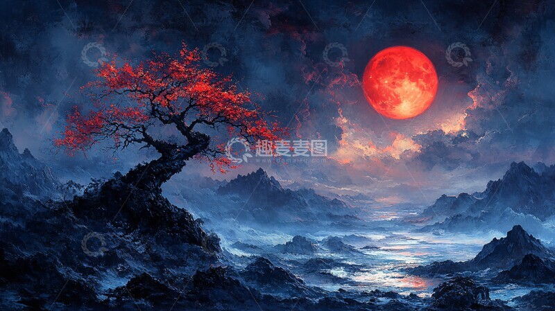 高清大图下载【趣麦麦图】樱花映月树樱花月亮峡谷