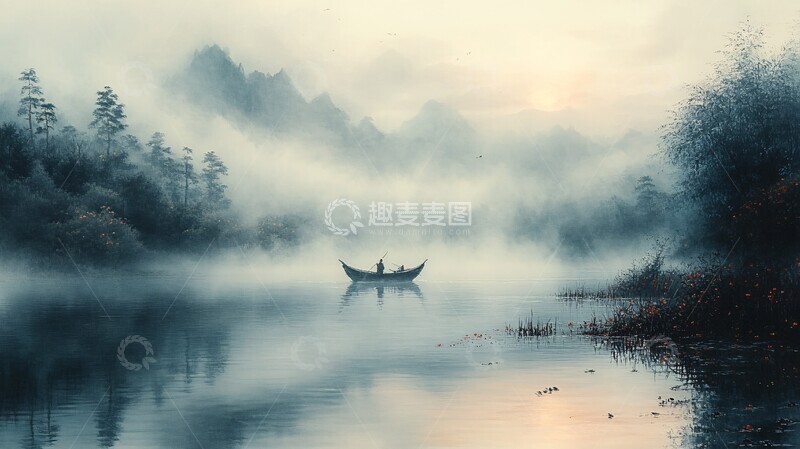 高清大图下载【趣麦麦图】渔舟流水图渔舟流水河流1